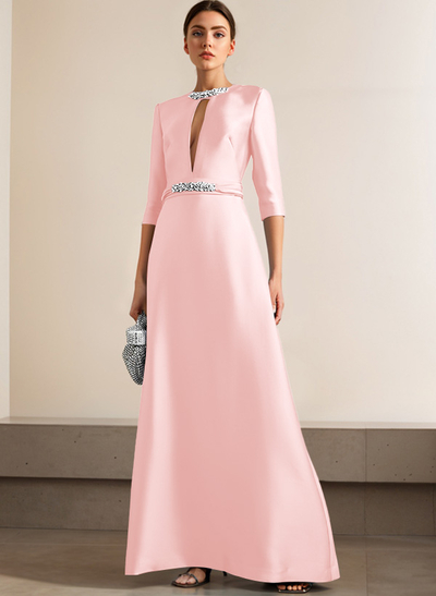 A-Line Scoop Neck 1/2 Sleeves Satin Mother Of The Bride Dresses With Rhinestone