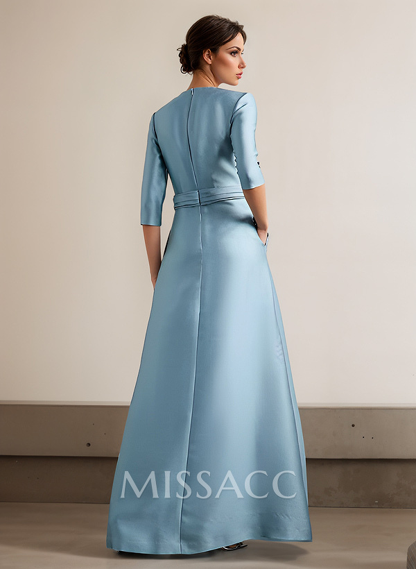 A-Line Scoop Neck 1/2 Sleeves Satin Mother Of The Bride Dresses With Rhinestone