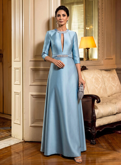 A-Line Scoop Neck 1/2 Sleeves Satin Mother Of The Bride Dresses With Rhinestone