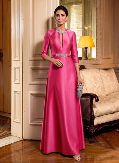 A-Line Scoop Neck 1/2 Sleeves Satin Mother Of The Bride Dresses With Rhinestone