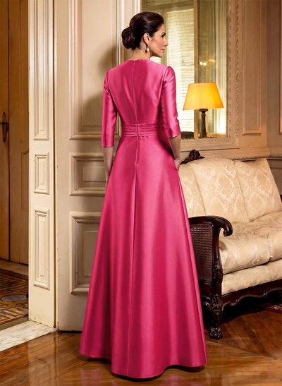 A-Line Scoop Neck 1/2 Sleeves Satin Mother Of The Bride Dresses With Rhinestone