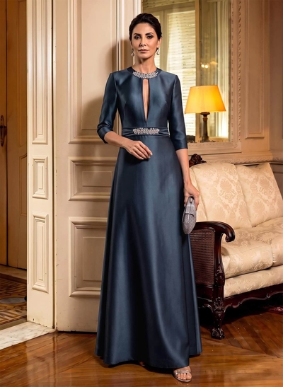 A-Line Scoop Neck 1/2 Sleeves Satin Mother Of The Bride Dresses With Rhinestone