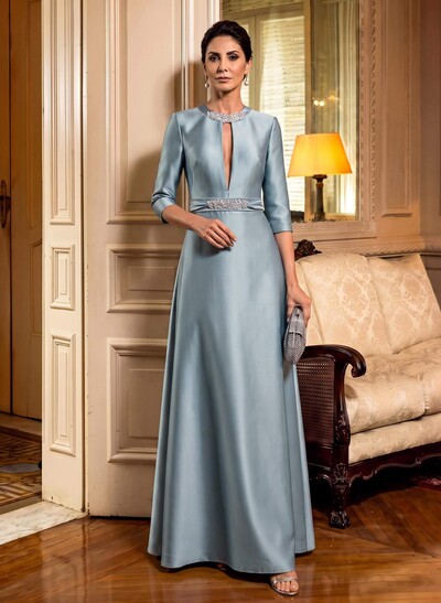 A-Line Scoop Neck 1/2 Sleeves Satin Mother Of The Bride Dresses With Rhinestone