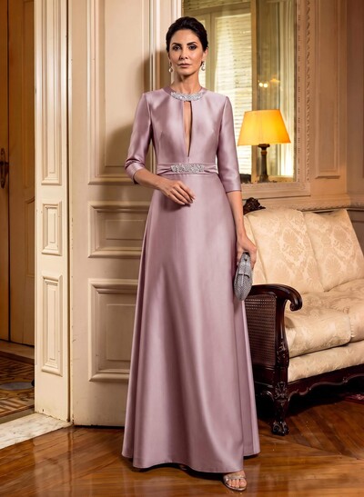 A-Line Scoop Neck 1/2 Sleeves Satin Mother Of The Bride Dresses With Rhinestone