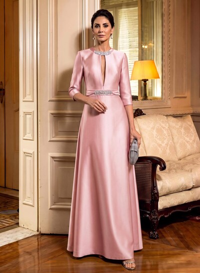 A-Line Scoop Neck 1/2 Sleeves Satin Mother Of The Bride Dresses With Rhinestone