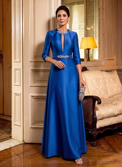 A-Line Scoop Neck 1/2 Sleeves Satin Mother Of The Bride Dresses With Rhinestone