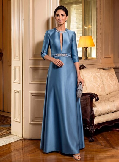 A-Line Scoop Neck 1/2 Sleeves Satin Mother Of The Bride Dresses With Rhinestone