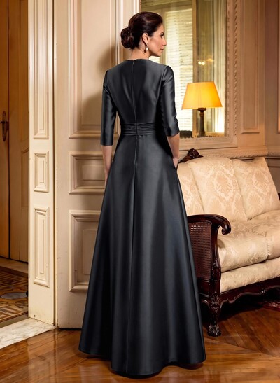A-Line Scoop Neck Half Sleeve Satin Mother of the Bride Dress with Rhinestones