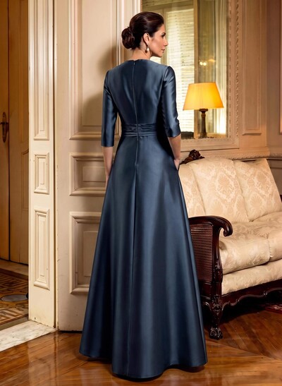 A-Line Scoop Neck 1/2 Sleeves Satin Mother Of The Bride Dresses With Rhinestone