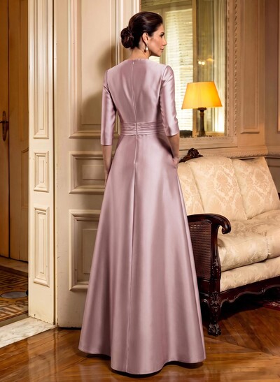 A-Line Scoop Neck 1/2 Sleeves Satin Mother Of The Bride Dresses With Rhinestone