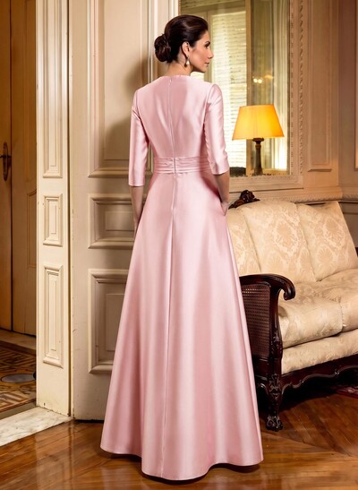 A-Line Scoop Neck 1/2 Sleeves Satin Mother Of The Bride Dresses With Rhinestone