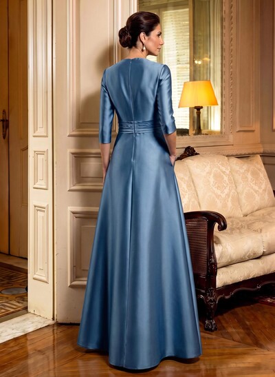 A-Line Scoop Neck 1/2 Sleeves Satin Mother Of The Bride Dresses With Rhinestone
