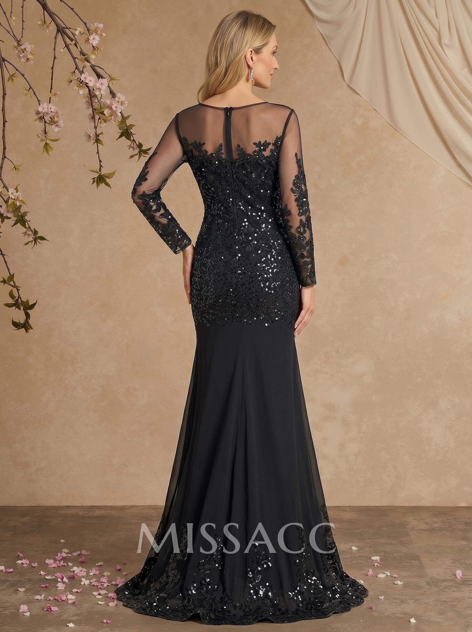 Illusion Neck Long Sleeves Chiffon/Sequined Mother Of The Bride Dresses Illusion Neck Long Sleeves Chiffon/Sequined Mother Of The Bride Dresses