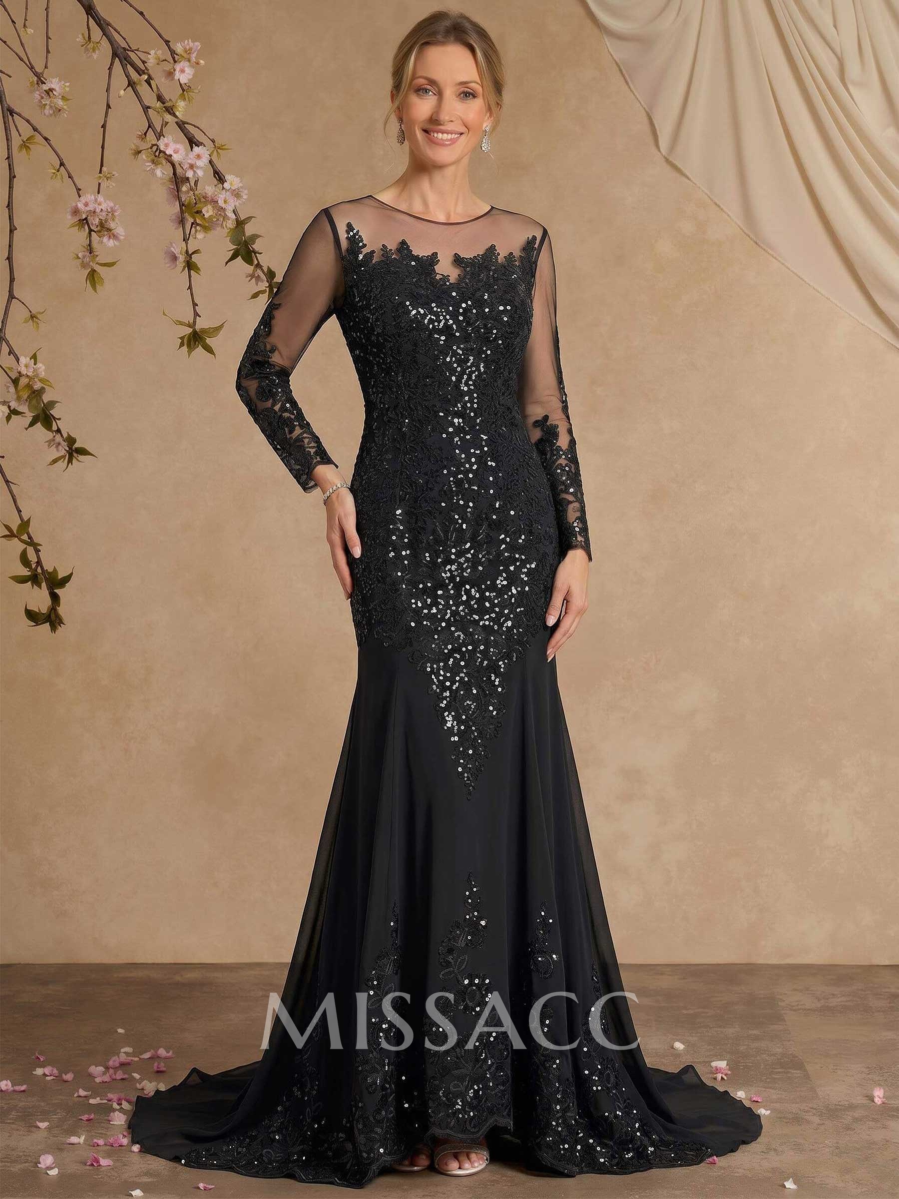 Illusion Neck Long Sleeves Chiffon/Sequined Mother Of The Bride Dresses Illusion Neck Long Sleeves Chiffon/Sequined Mother Of The Bride Dresses