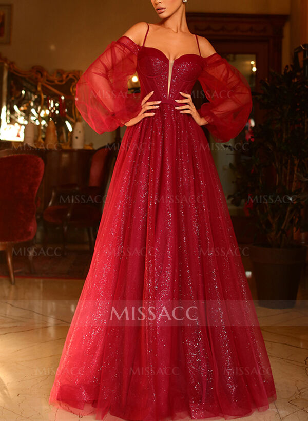 Sparkly Long Sleeves A-Line Slit Prom Dresses