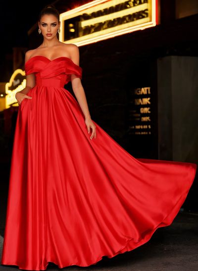 Off-The-Shoulder Satin A-Line Prom Dresses With Pockets
