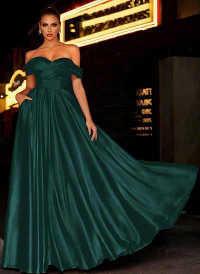 Off-The-Shoulder Satin A-Line Prom Dresses With Pockets