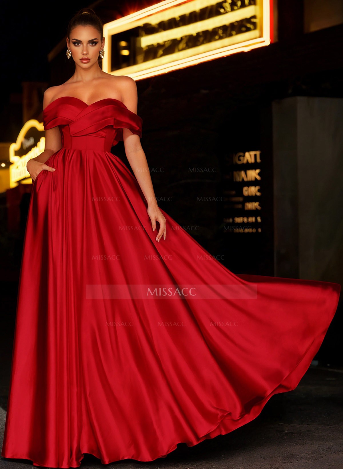 Off-The-Shoulder Satin A-Line Prom Dresses With Pockets