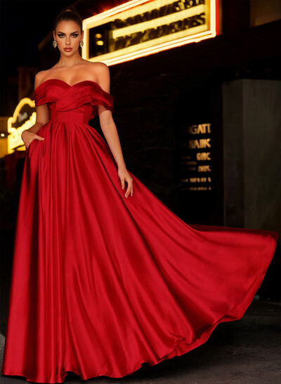Off-The-Shoulder Satin A-Line Prom Dresses With Pockets