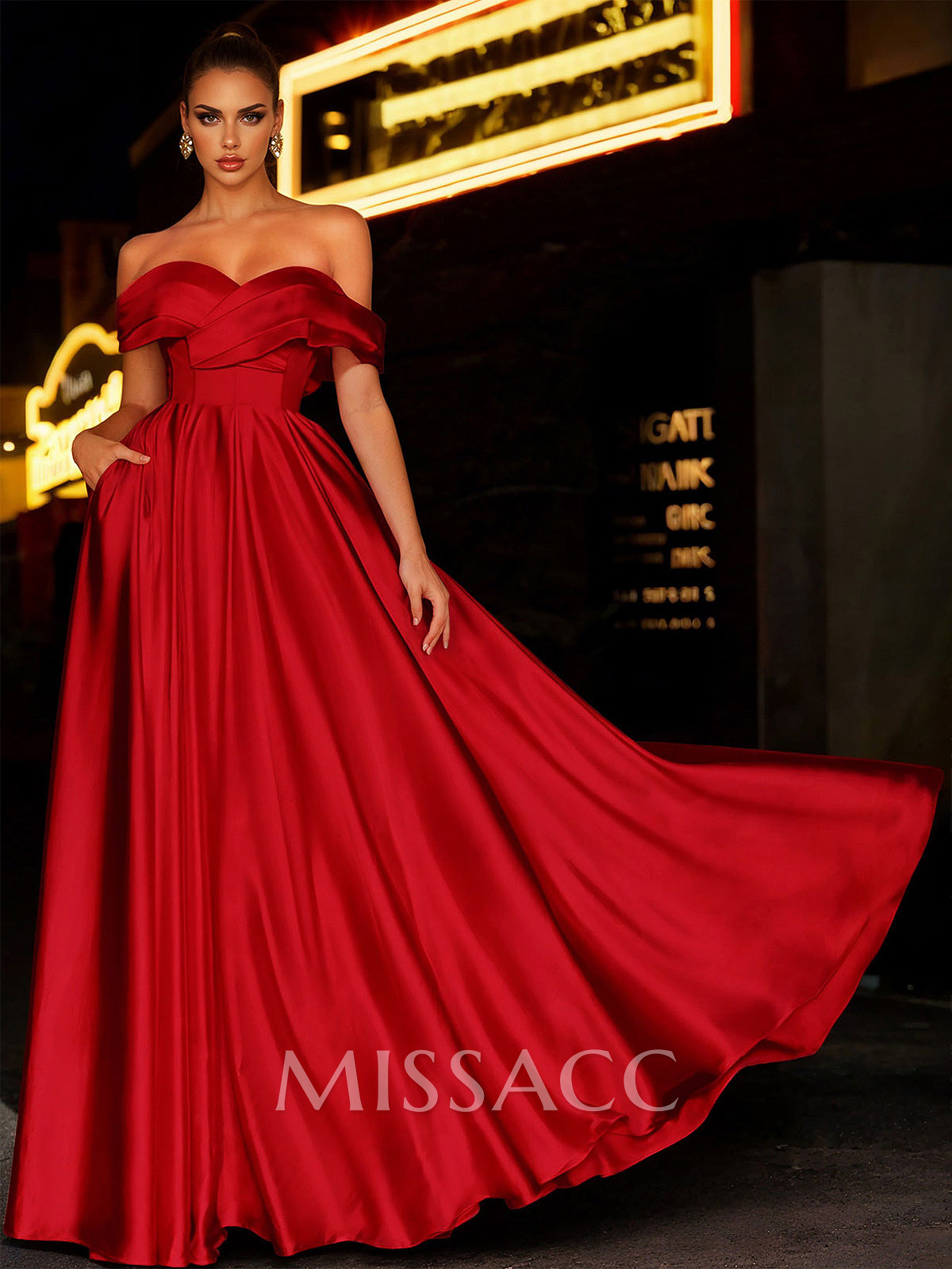 Off-The-Shoulder Satin A-Line Prom Dresses With Pockets