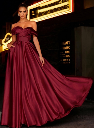 Off-The-Shoulder Satin A-Line Prom Dresses With Pockets