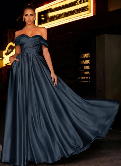 Off-The-Shoulder Satin A-Line Prom Dresses With Pockets