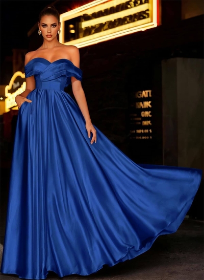 Off-The-Shoulder Satin A-Line Prom Dresses With Pockets