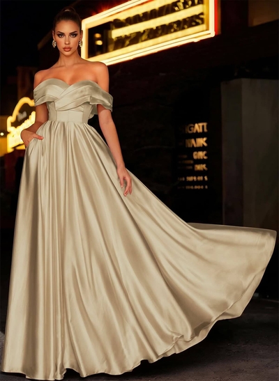 Off-The-Shoulder Satin A-Line Prom Dresses With Pockets