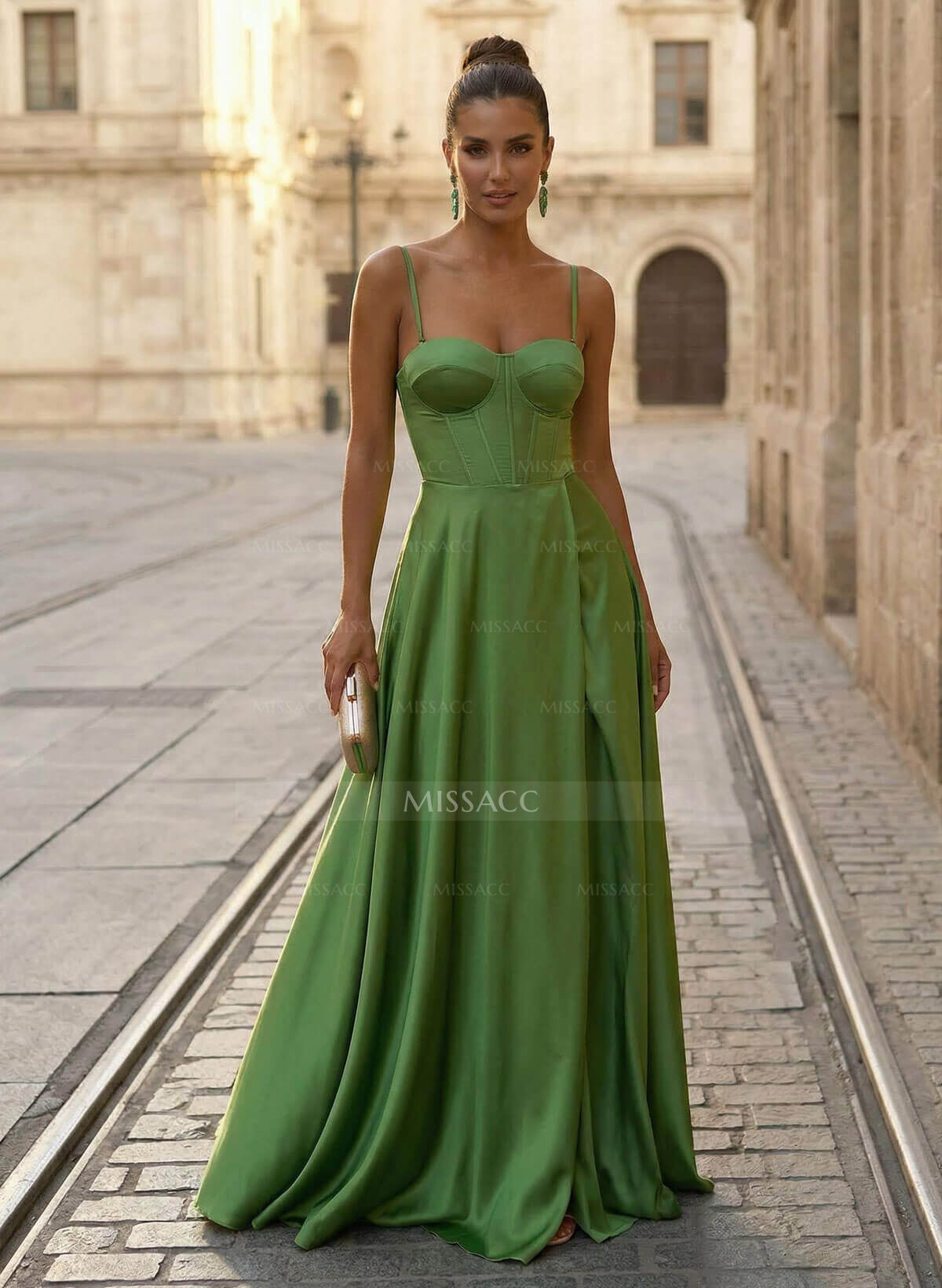 Spaghetti Straps Satin A-Line Slit Prom Dresses