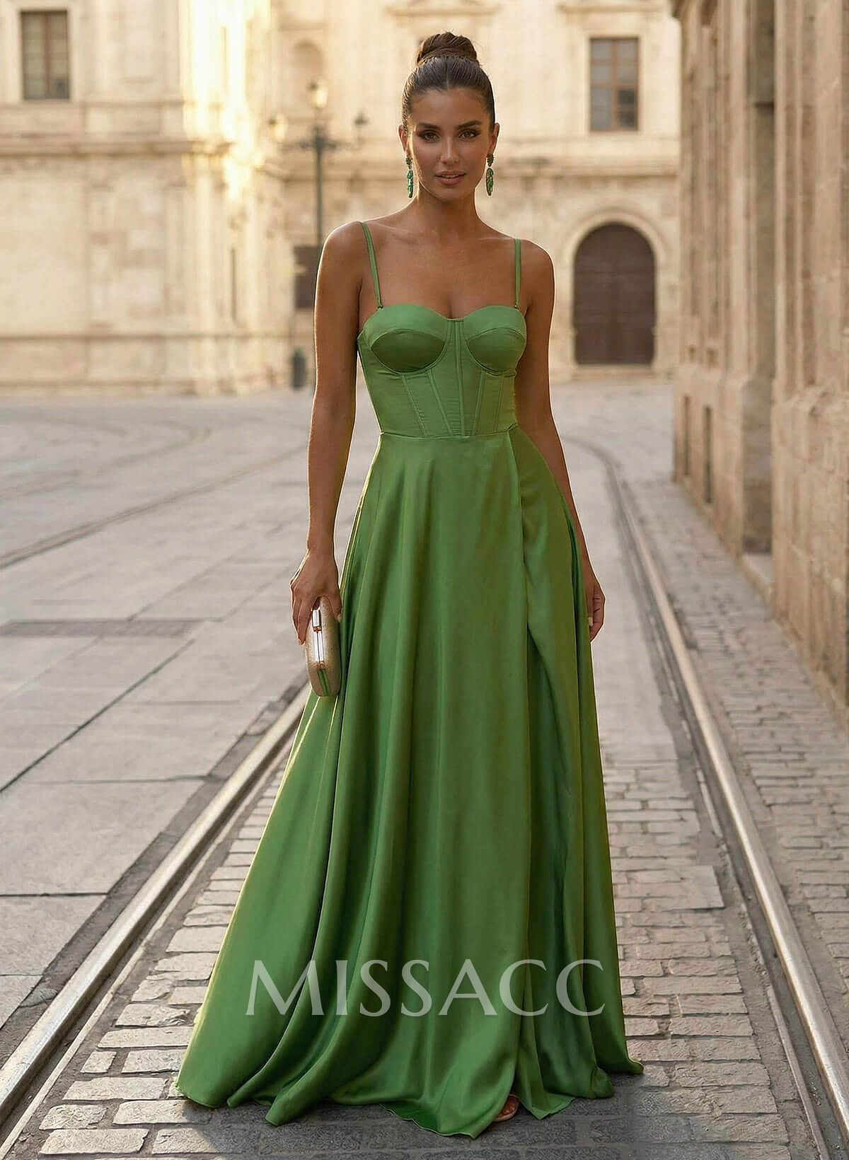 Spaghetti Straps Satin A-Line Slit Prom Dresses