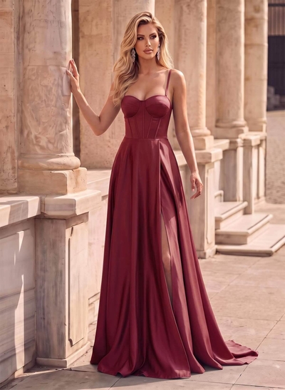 Spaghetti Strap Satin A-Line Slit Grad Dresses
