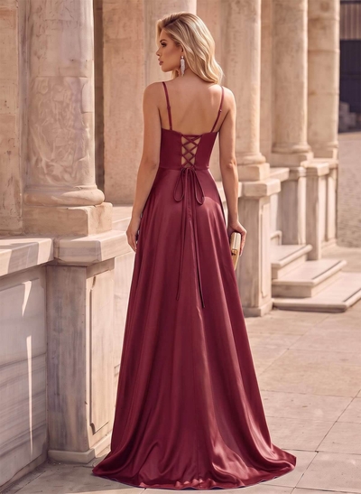 Spaghetti Strap Satin A-Line Slit Grad Dresses