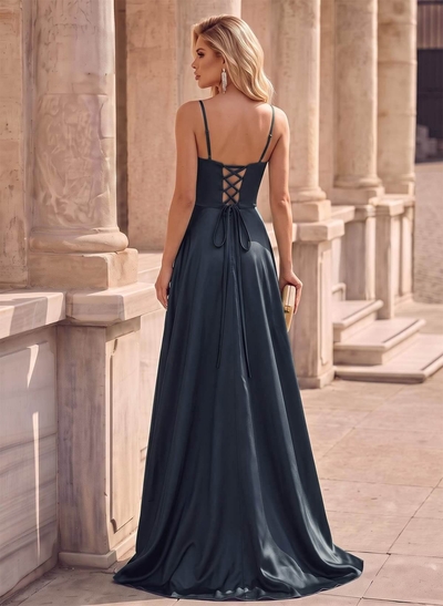 Spaghetti Strap Satin A-Line Split Prom Dresses