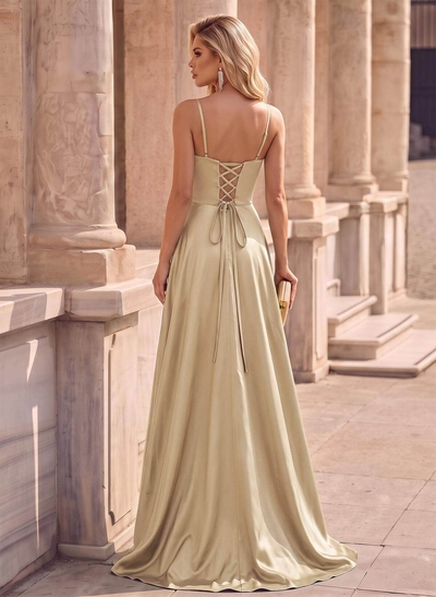 Spaghetti Strap Satin A-Line Slit Grad Dresses