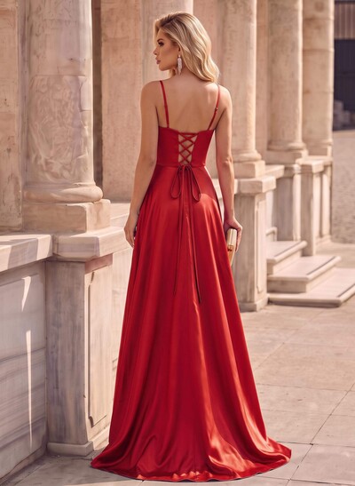 Spaghetti Strap Satin A-Line Slit Formal Dresses