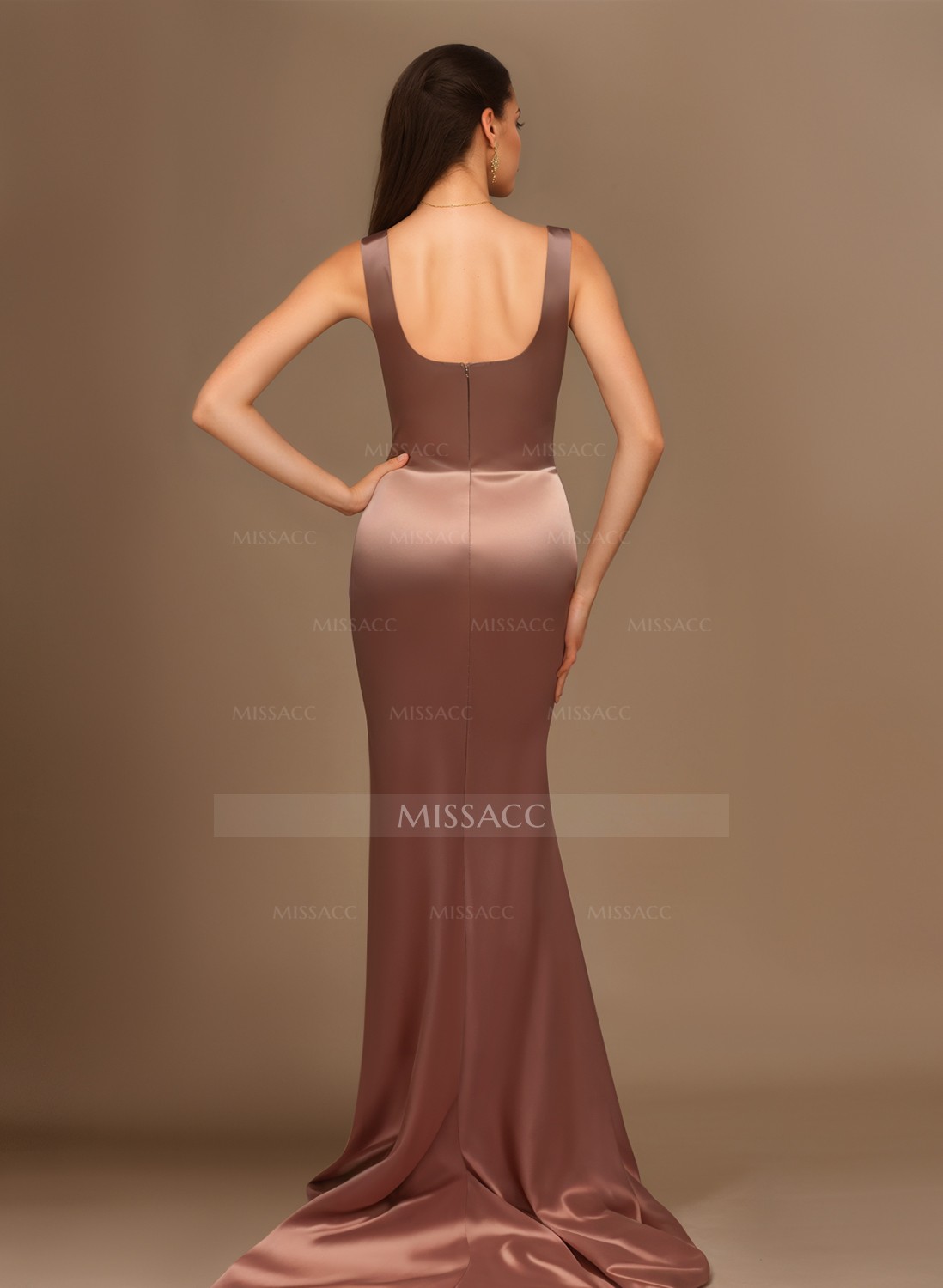 Flattering Square Neckline Ruched Wasit Prom Dresses With High Slit