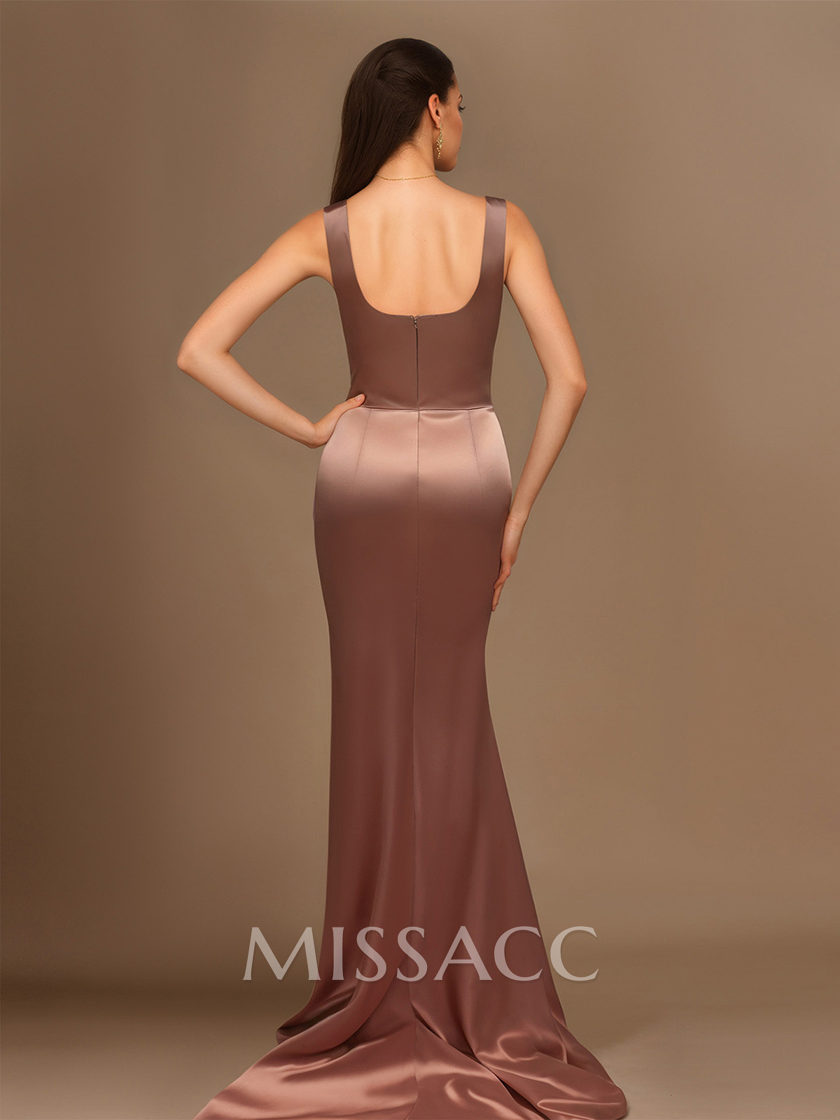 Flattering Square Neckline Ruched Wasit Prom Dresses With High Slit