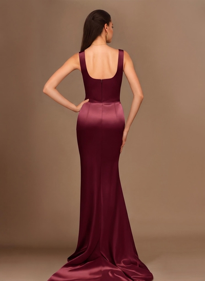 Flattering Square Neckline Ruched Wasit Prom Dresses With High Slit