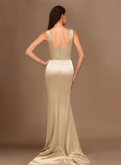 Flattering Square Neckline Ruched Wasit Prom Dresses With High Slit