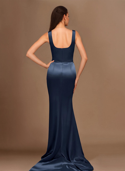 Flattering Square Neckline Ruched Wasit Prom Dresses With High Slit