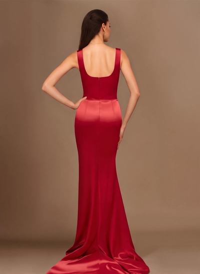 Flattering Square Neckline Ruched Wasit Prom Dresses With High Slit