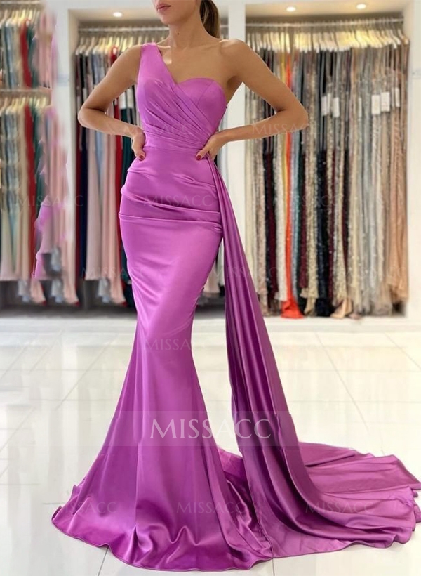 Trumpet/Mermaid One-Shoulder Sleeveless Sweep Train Satin Prom Dresses