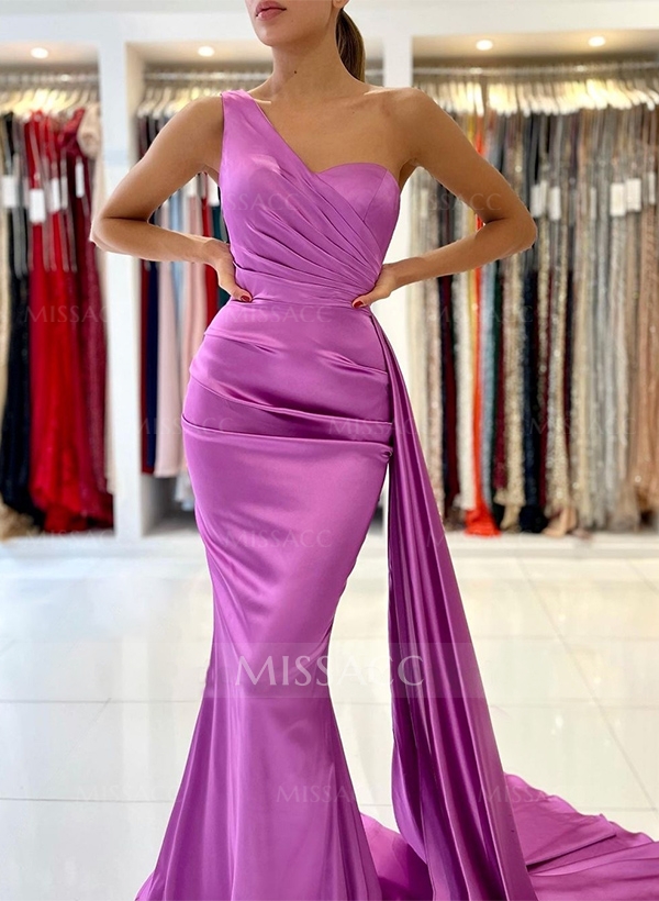 Trumpet/Mermaid One-Shoulder Sleeveless Sweep Train Satin Prom Dresses