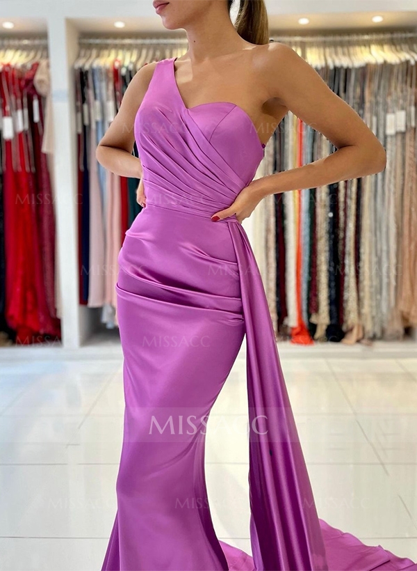 Trumpet/Mermaid One-Shoulder Sleeveless Sweep Train Satin Prom Dresses