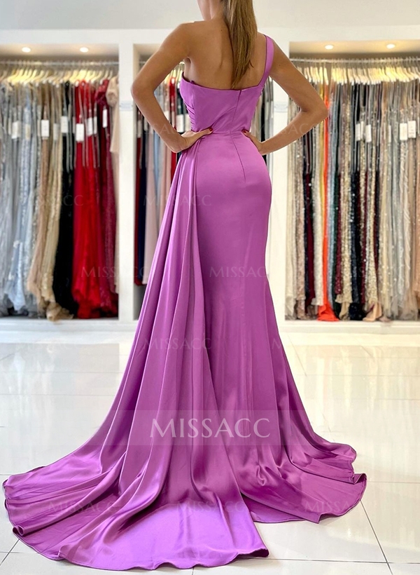 Trumpet/Mermaid One-Shoulder Sleeveless Sweep Train Satin Prom Dresses