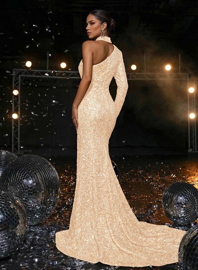 Trumpet/Mermaid One-Shoulder Long Sleeves Sequined Prom Dresses With High Split