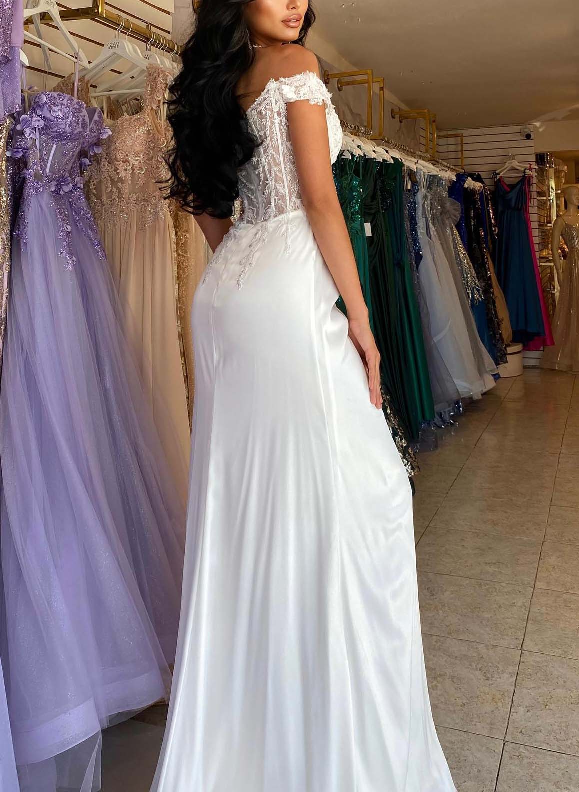Off-The-Shoulder Lace High Slit Prom Dresses