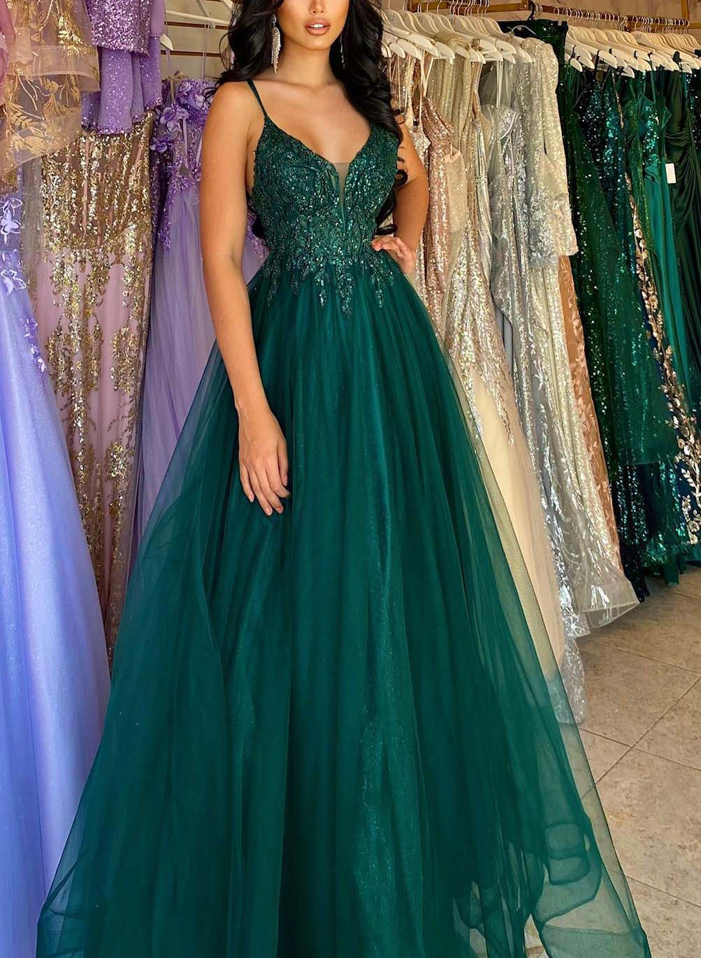 Sparkly Lace Plunge Spaghetti Straps A-Line Prom Dresses