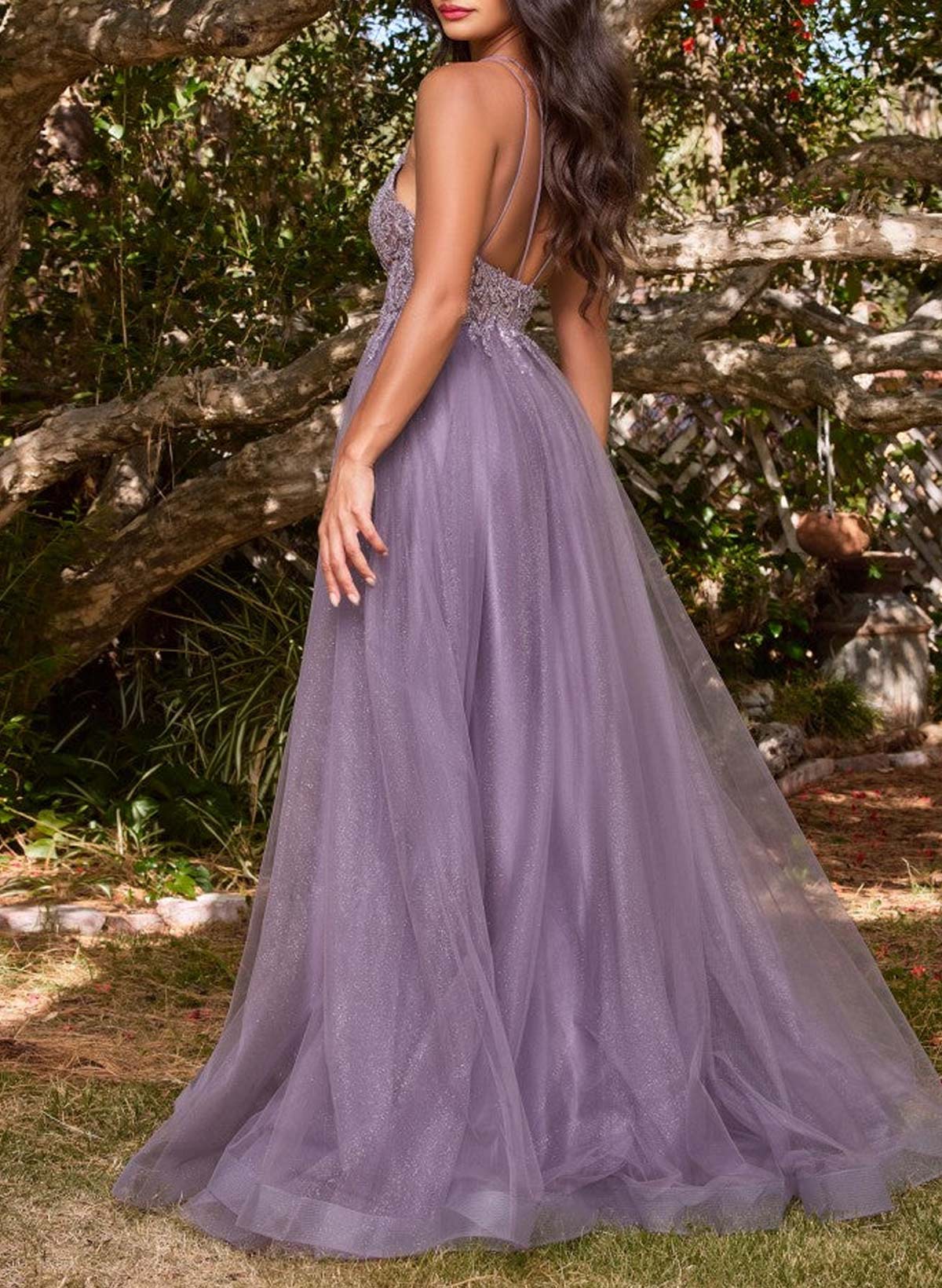 Sparkly Lace Plunge Spaghetti Straps A-Line Prom Dresses