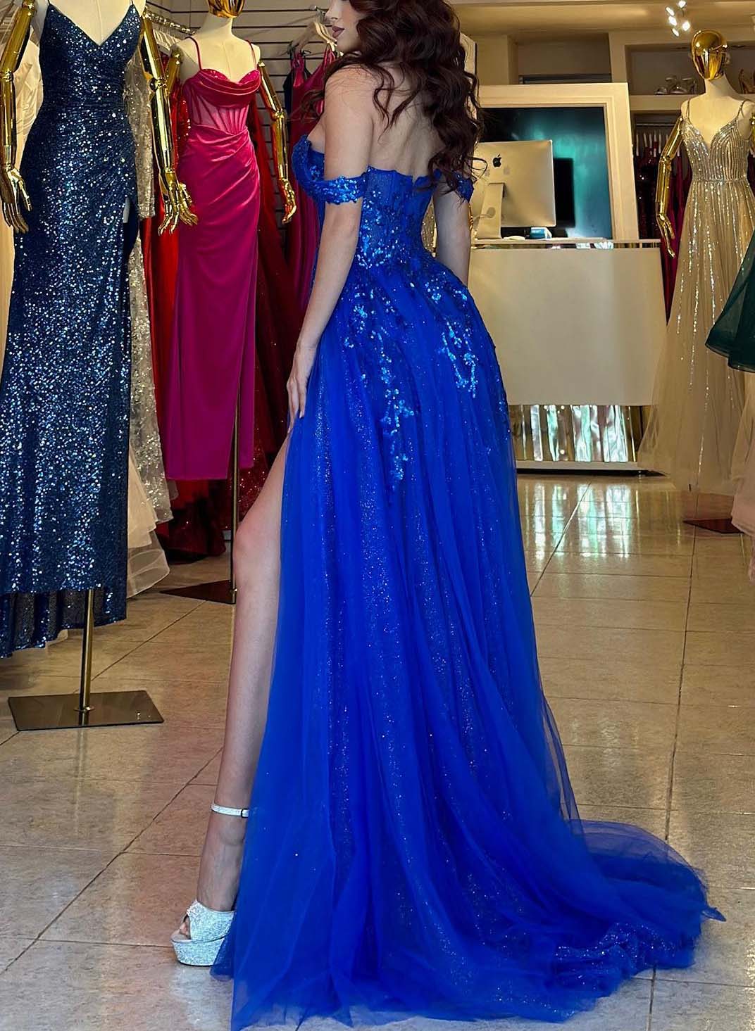 Sparkly Lace Off-The-Shoulder A-Line Slit Prom Dresses